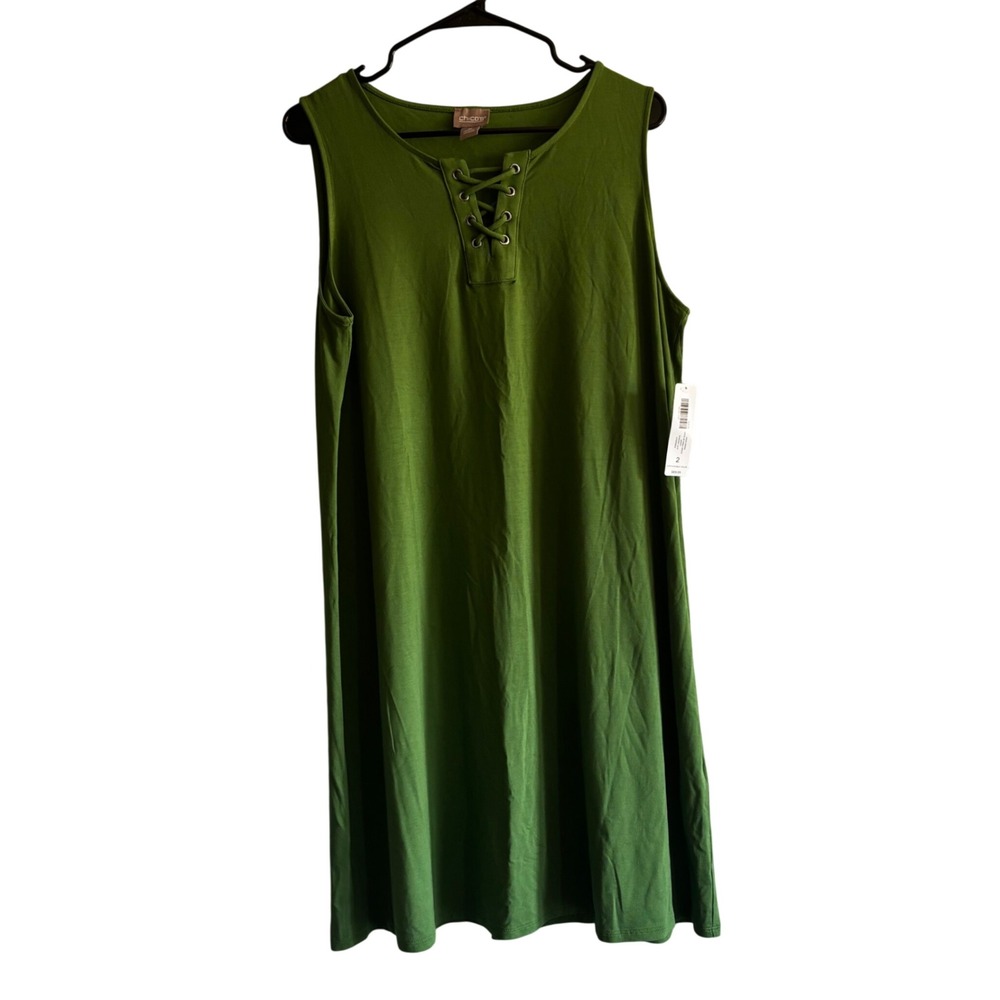 NEW Chico's Green Lace Up Knee Sun Dress Sleeveless Size 2 L/XL Resortwear Beach